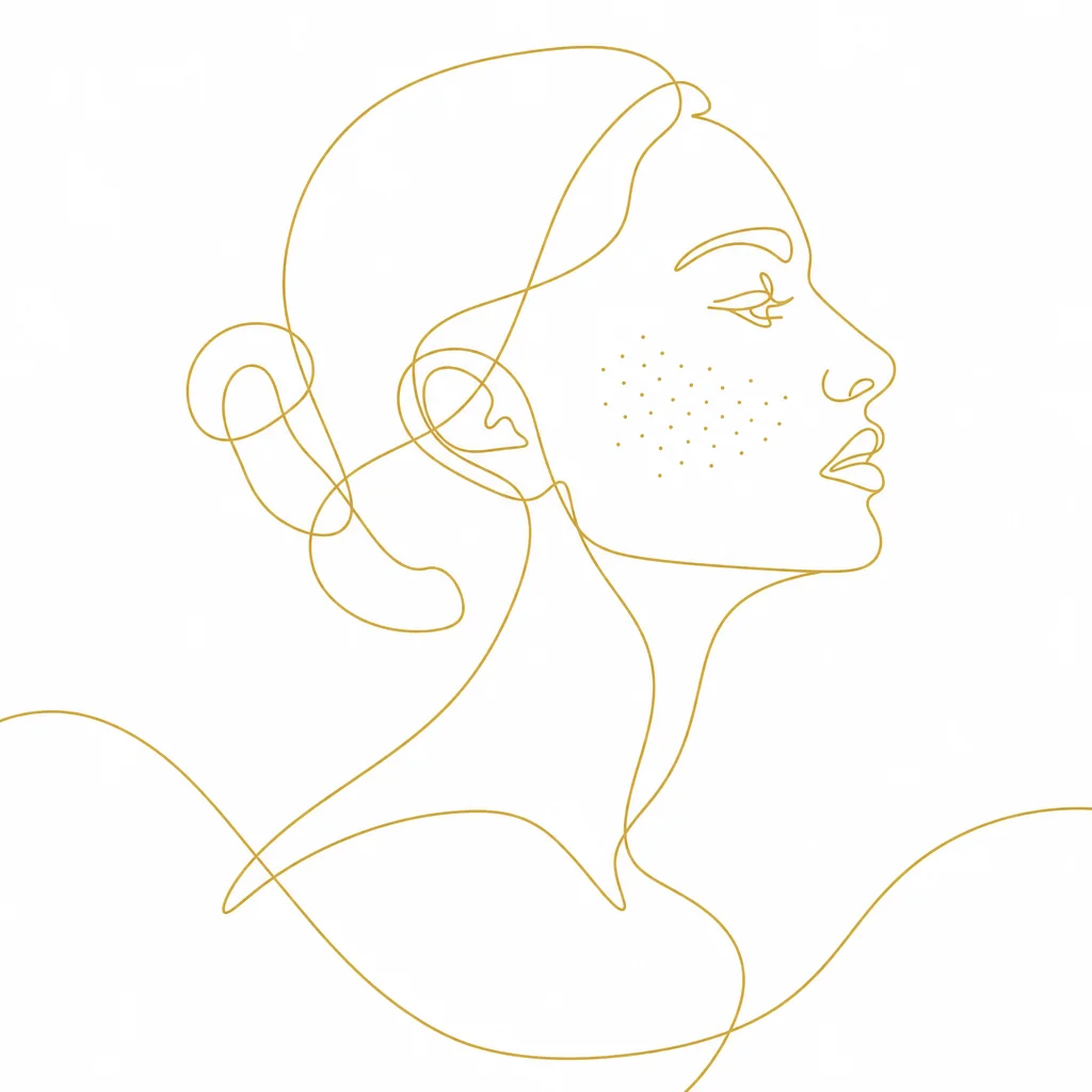 Minimalist gold line illustration of a face in profile with fine evenly spaced dots.