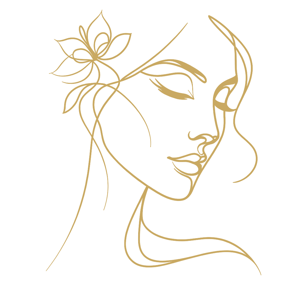 Minimalist gold line illustration of a face in three-quarter view.