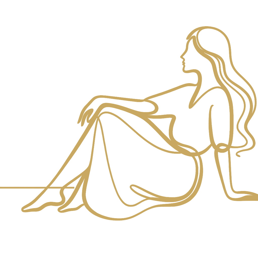 Minimalist line illustration of a seated woman in gold on white.