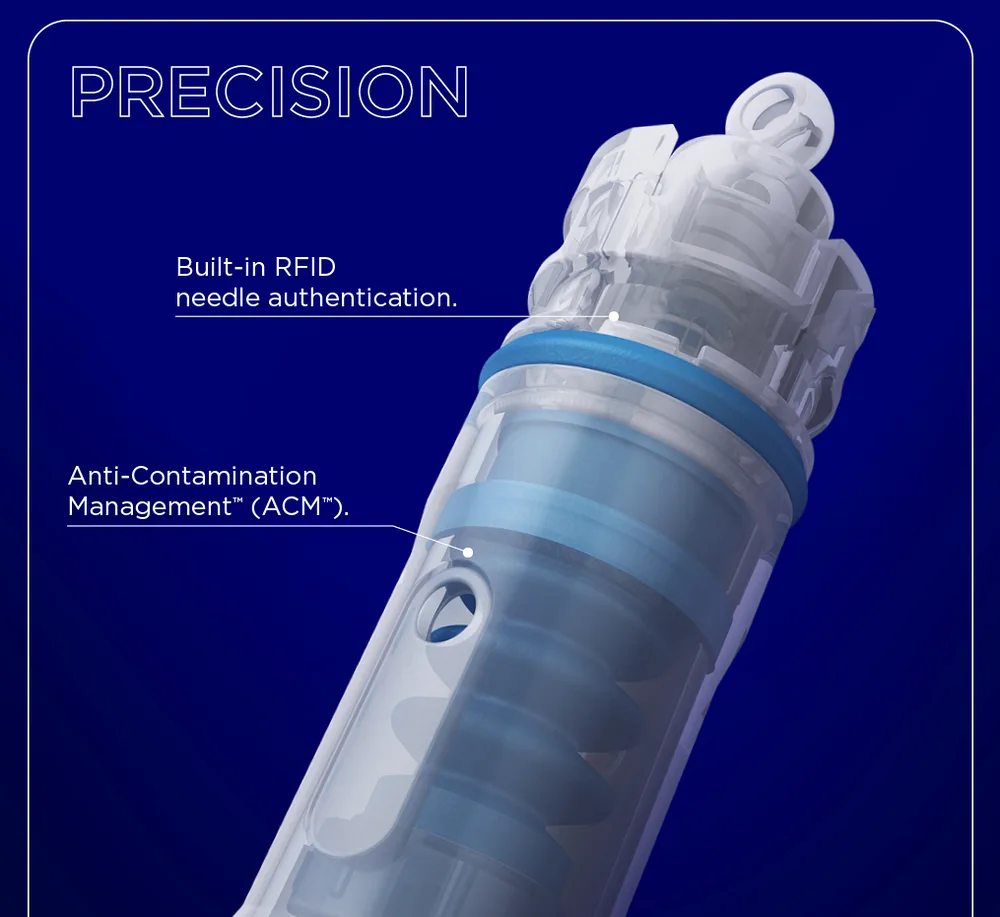 Cutaway render of a Dermapen 4 cartridge labelled with its built-in RFID needle authentication and anti-contamination management design.